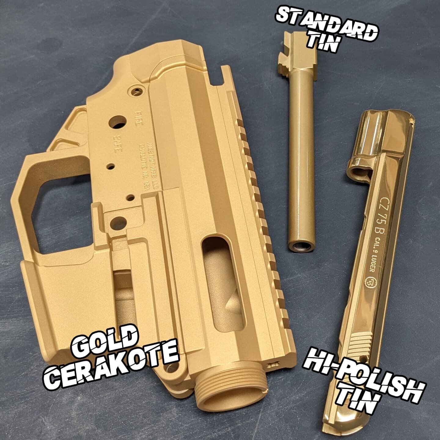 Comparing Gold Cerakote, Standard TiN and High Polish TiN.
Remember, we cannot TiN coat aluminum parts!